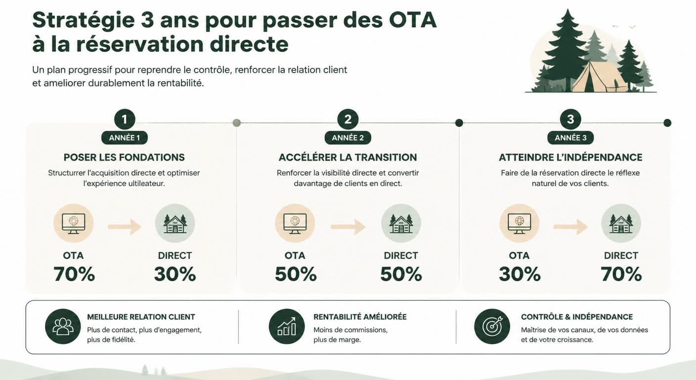 Infographie de la stratégie de bascule progressive OTA vers réservation directe