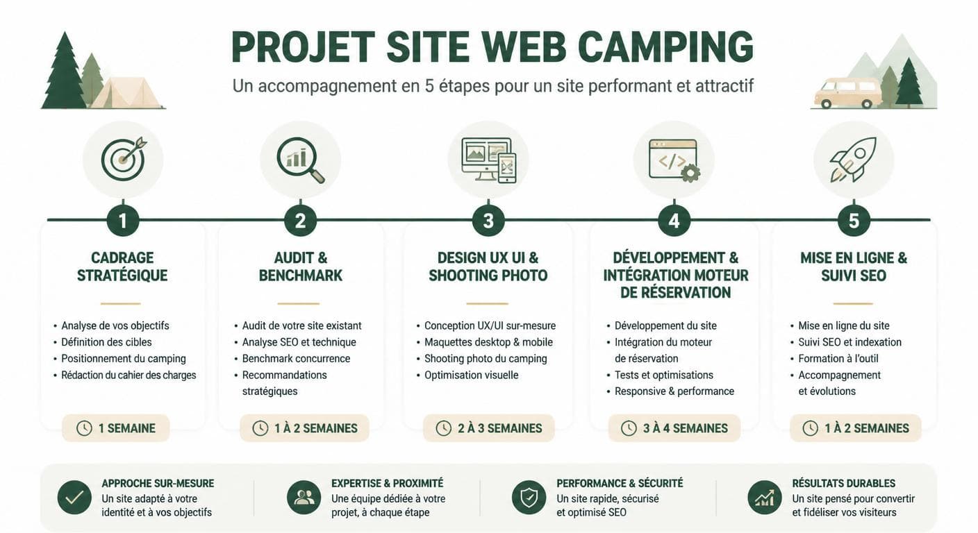 Infographie des 5 étapes d'un projet de site camping