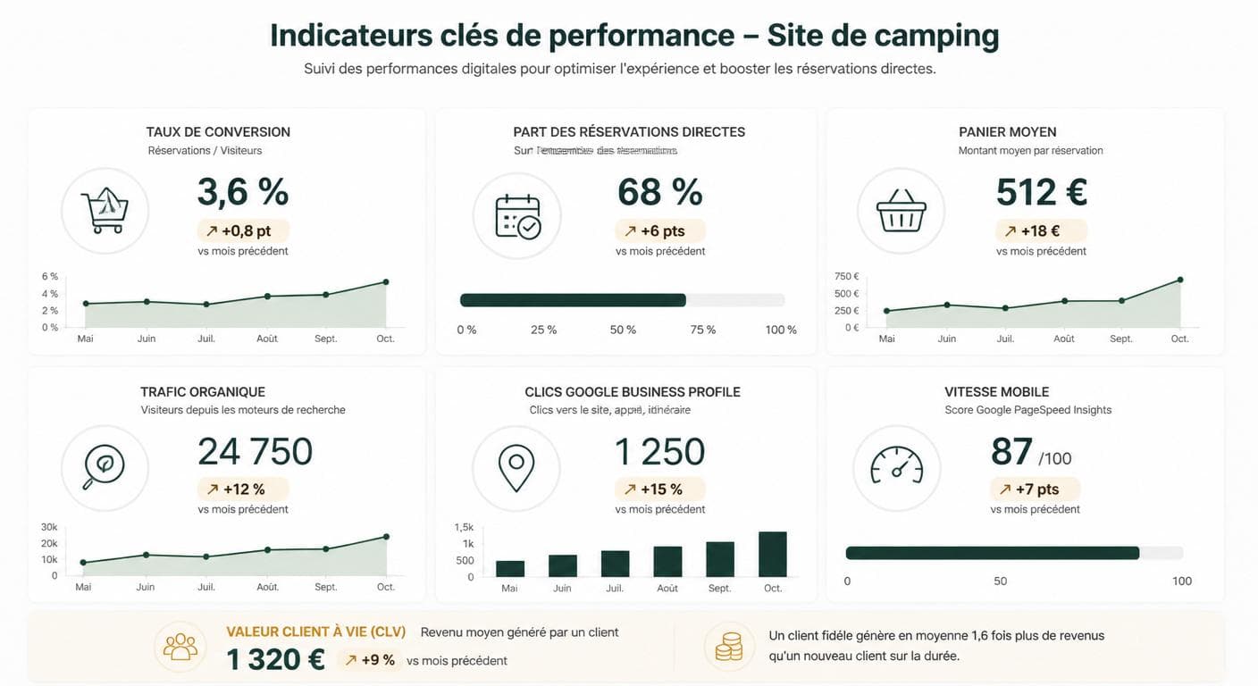 Infographie du tableau de bord ROI d'un site camping