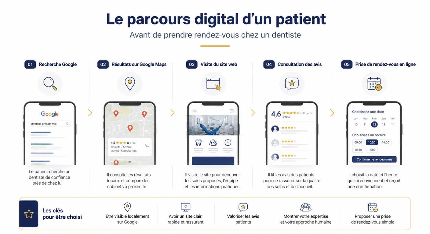 Infographie du parcours patient avant la prise de rendez-vous chez un dentiste