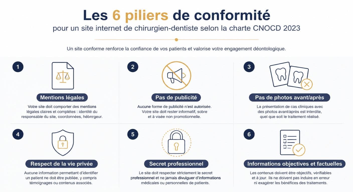 Infographie des 6 piliers de la conformité ordinale 2023 pour un site dentaire