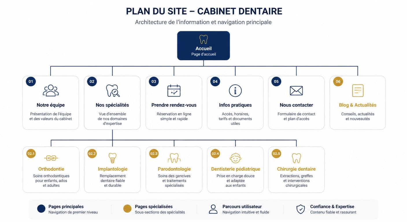 Infographie de l'arborescence type d'un site de cabinet dentaire
