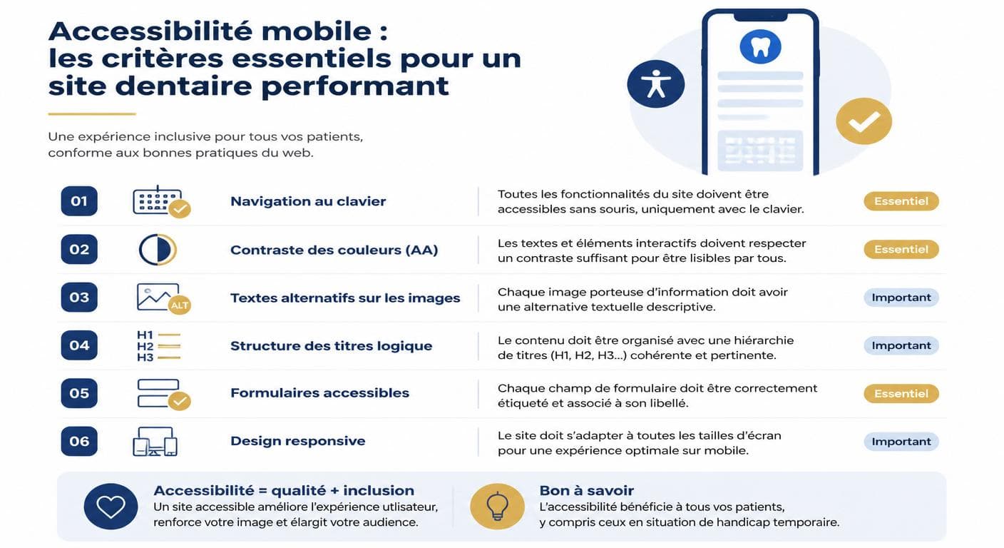 Infographie des critères d'accessibilité mobile RGAA pour un site de cabinet dentaire
