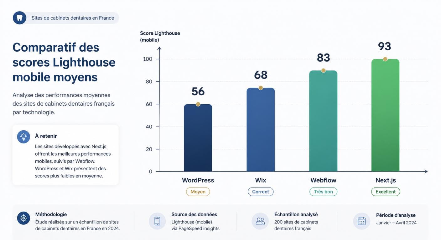 Infographie des scores Lighthouse moyens par technologie pour un site dentaire