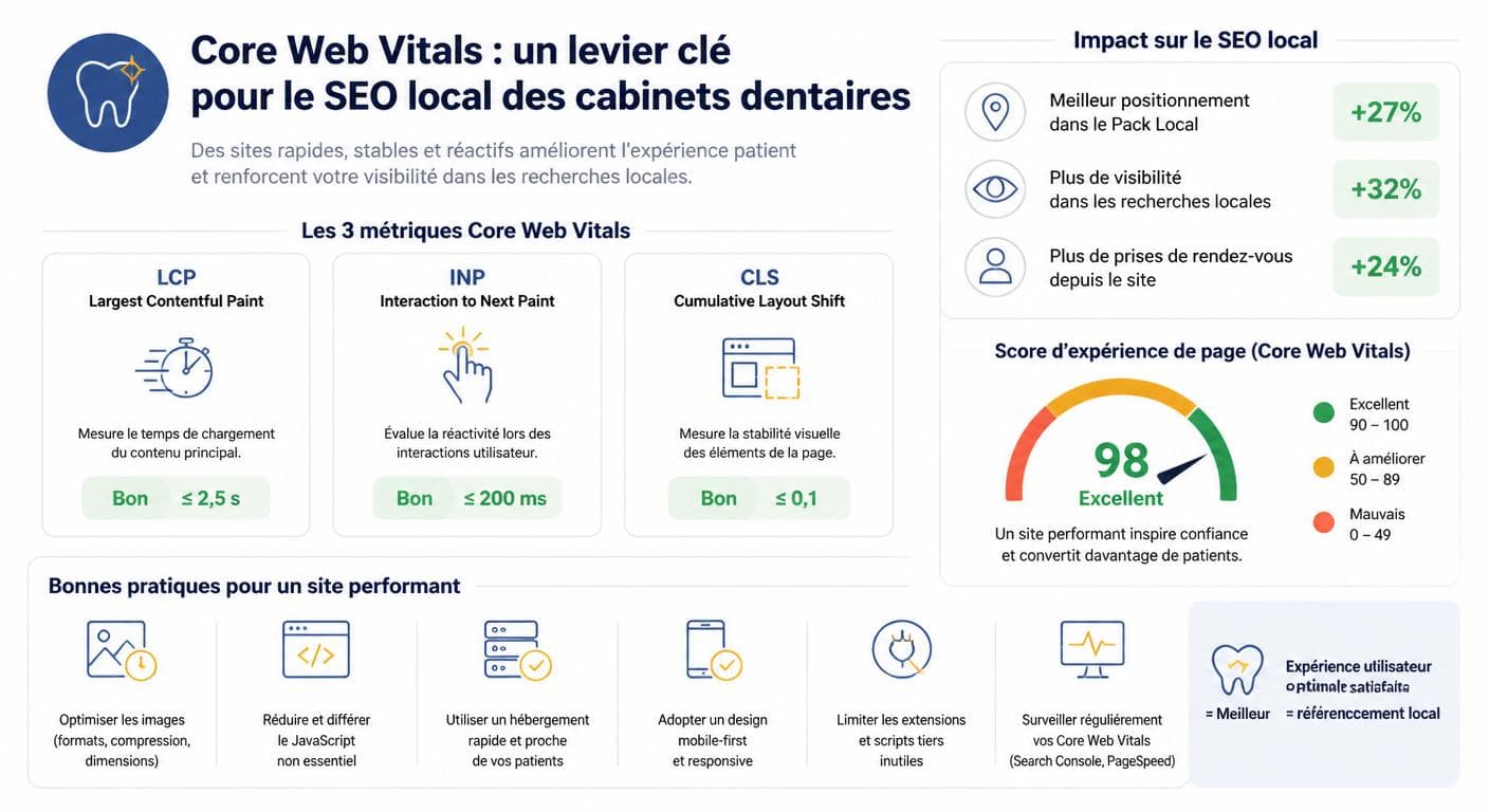 Infographie de l'impact des Core Web Vitals sur le référencement local d'un cabinet dentaire
