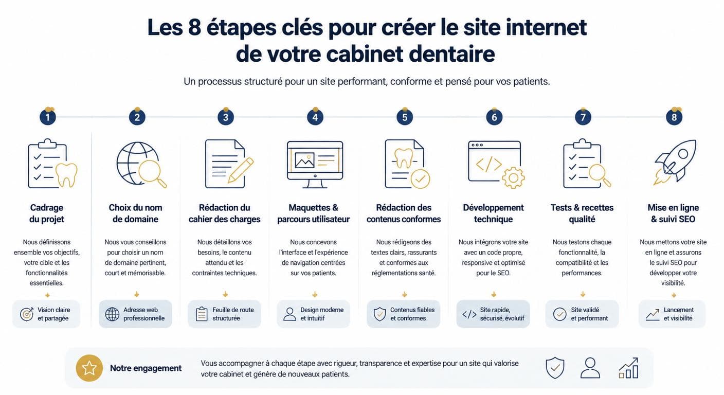 Infographie des 8 étapes pour créer le site internet d'un cabinet dentaire