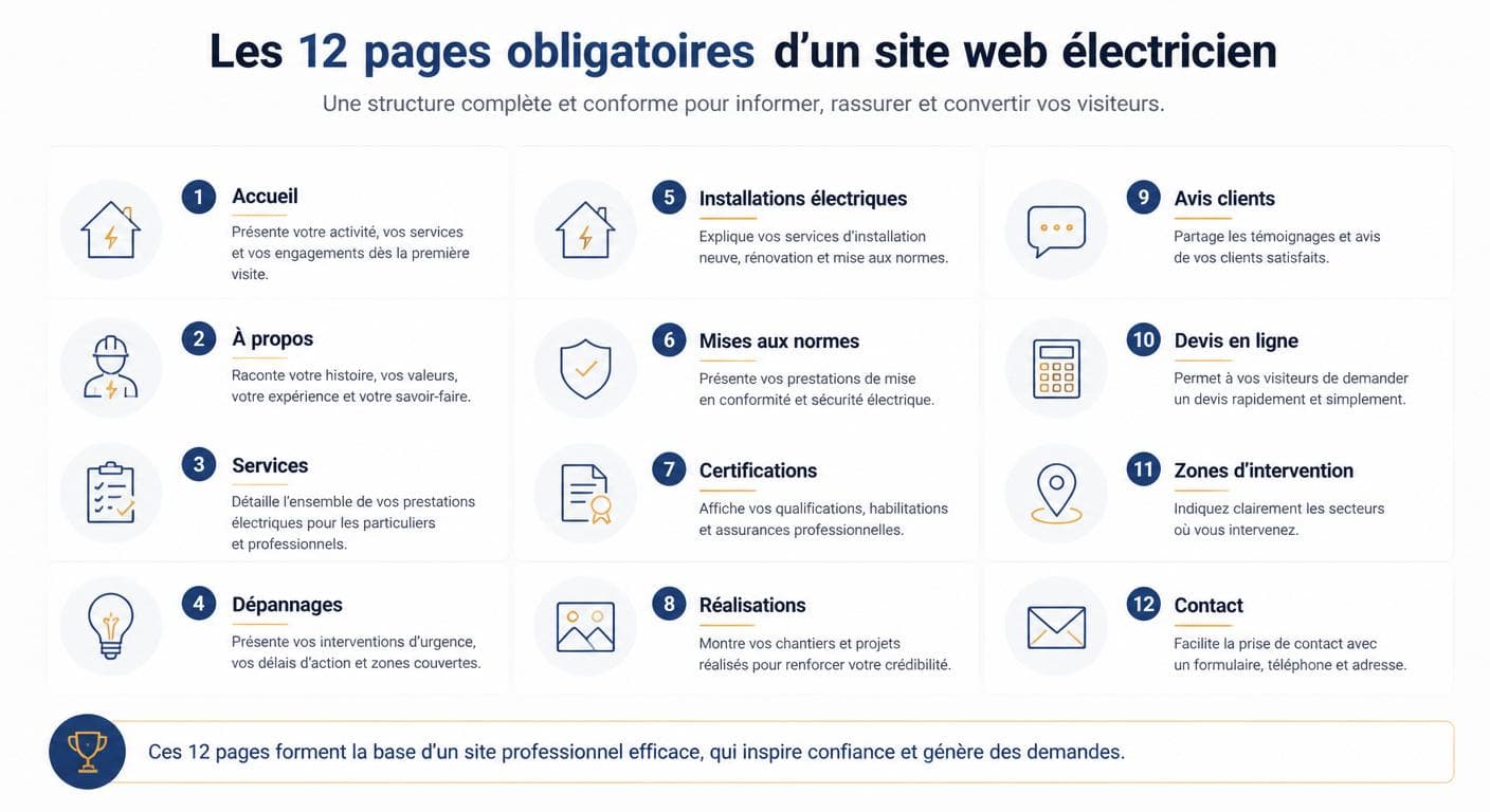 Les 12 pages obligatoires d'un site d'électricien
