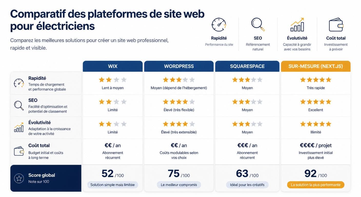 Comparatif Wix, WordPress, Squarespace et sur-mesure pour un site d'électricien