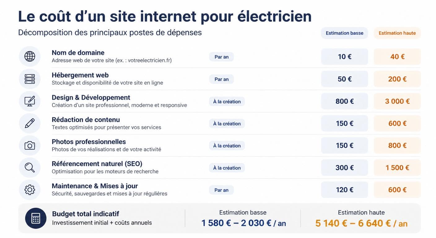 Décomposition du coût de création d'un site d'électricien