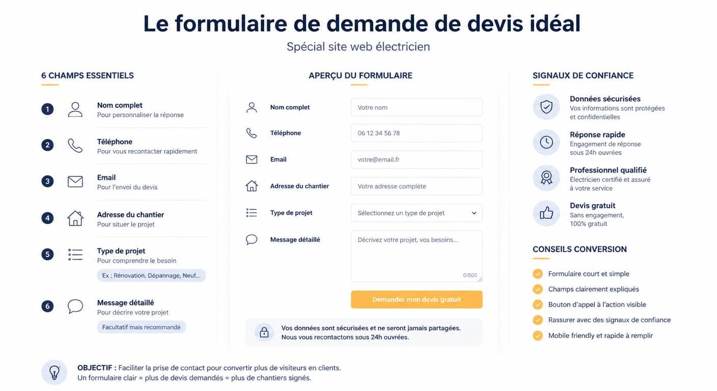 Modèle de formulaire de demande de devis pour un site d'électricien