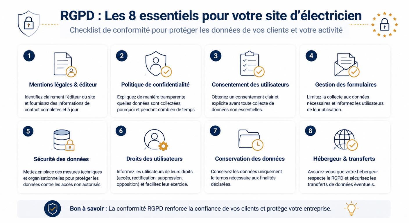 Checklist RGPD et mentions légales pour un site d'électricien