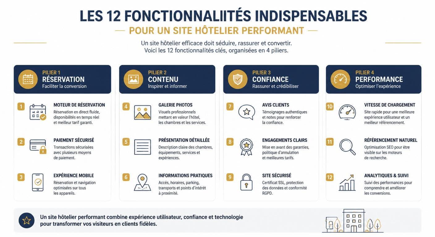 Infographie des 12 fonctionnalités indispensables d'un site internet d'hôtel
