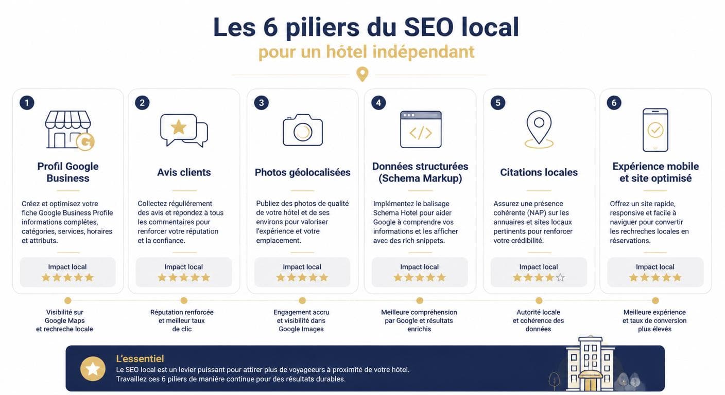 Infographie des piliers du référencement local pour un hôtel
