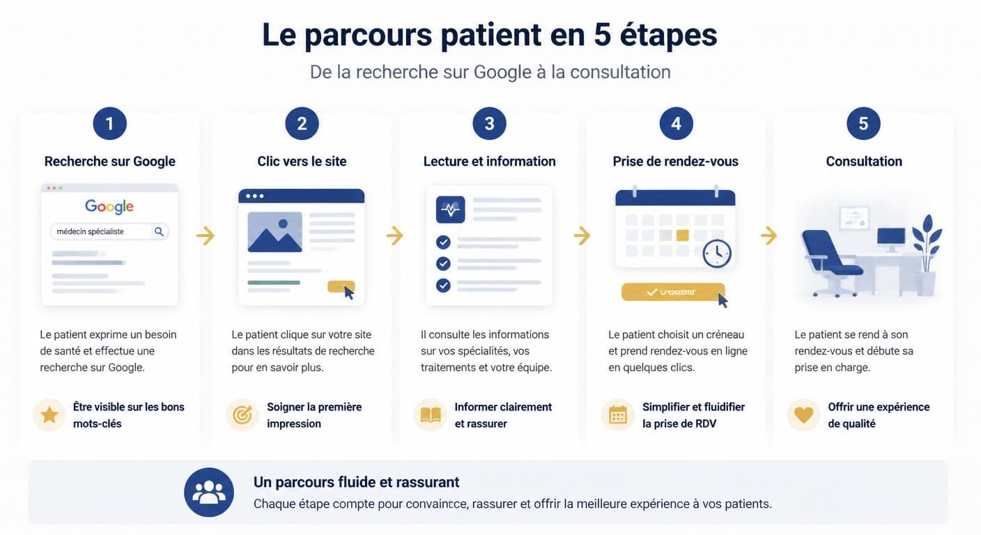Infographie du parcours patient de la recherche Google à la prise de rendez-vous médical