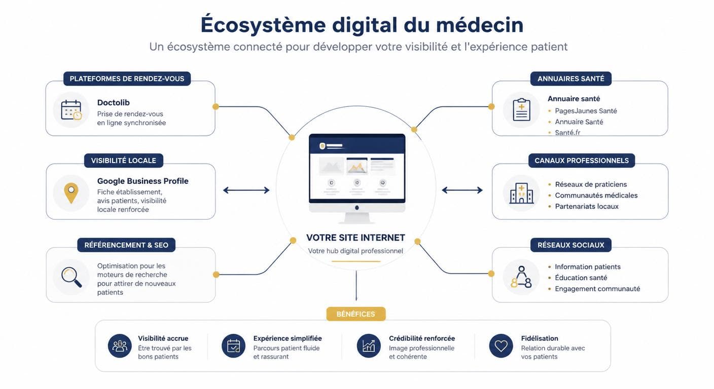 Infographie de l'écosystème numérique d'un médecin libéral autour du site internet