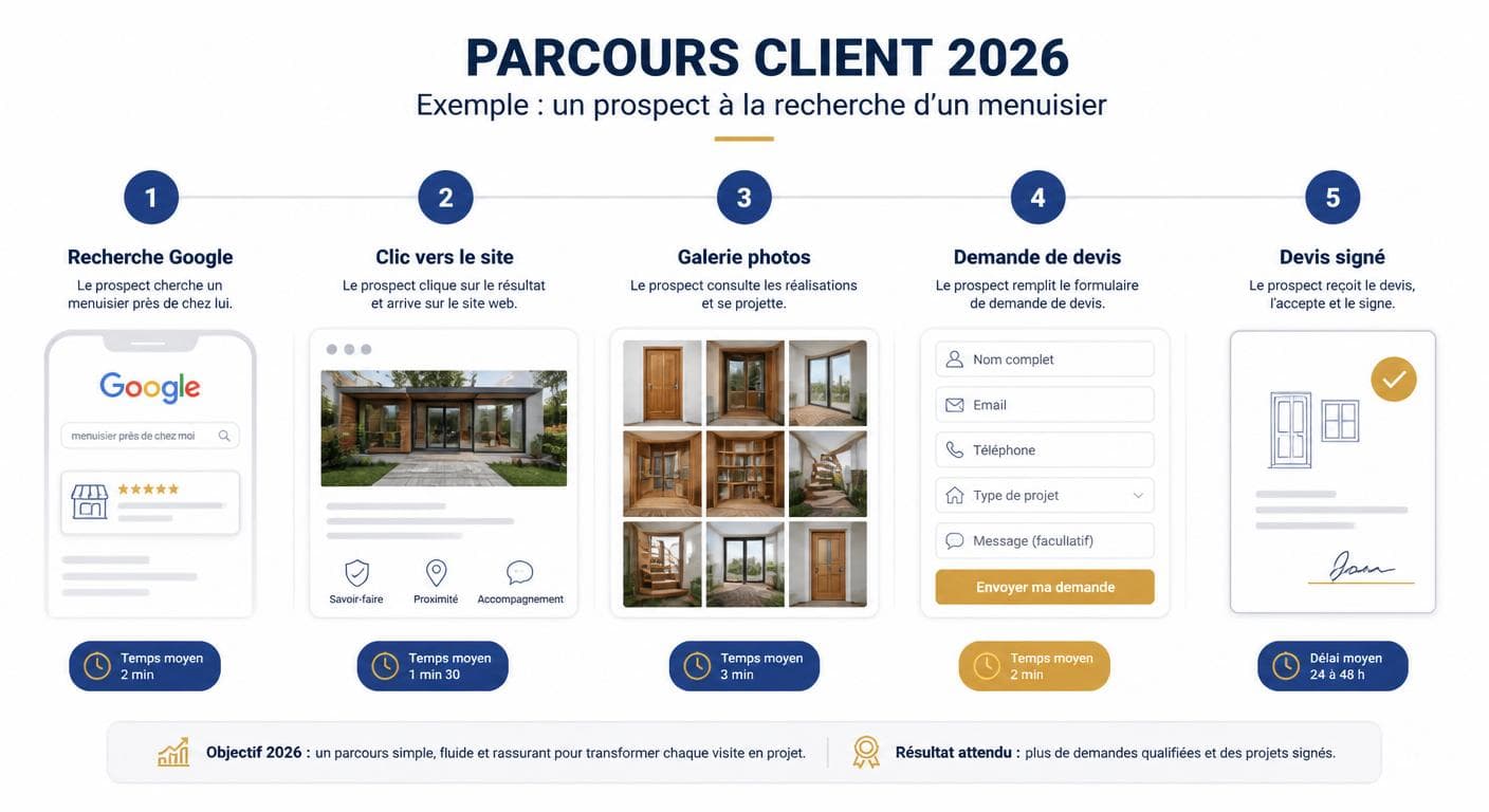 Infographie du parcours client digital d'un prospect menuiserie en 2026