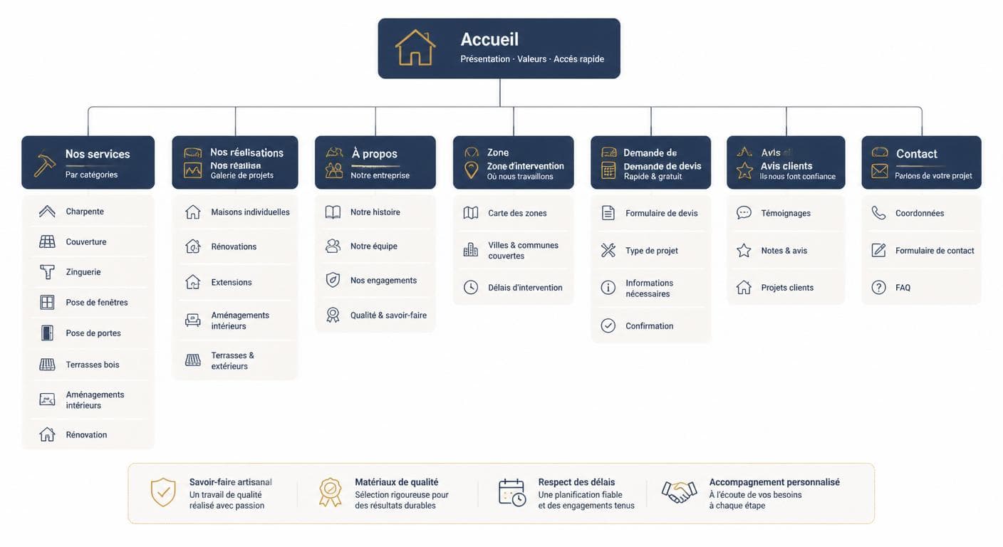 Infographie de l'arborescence type d'un site internet pour menuisier