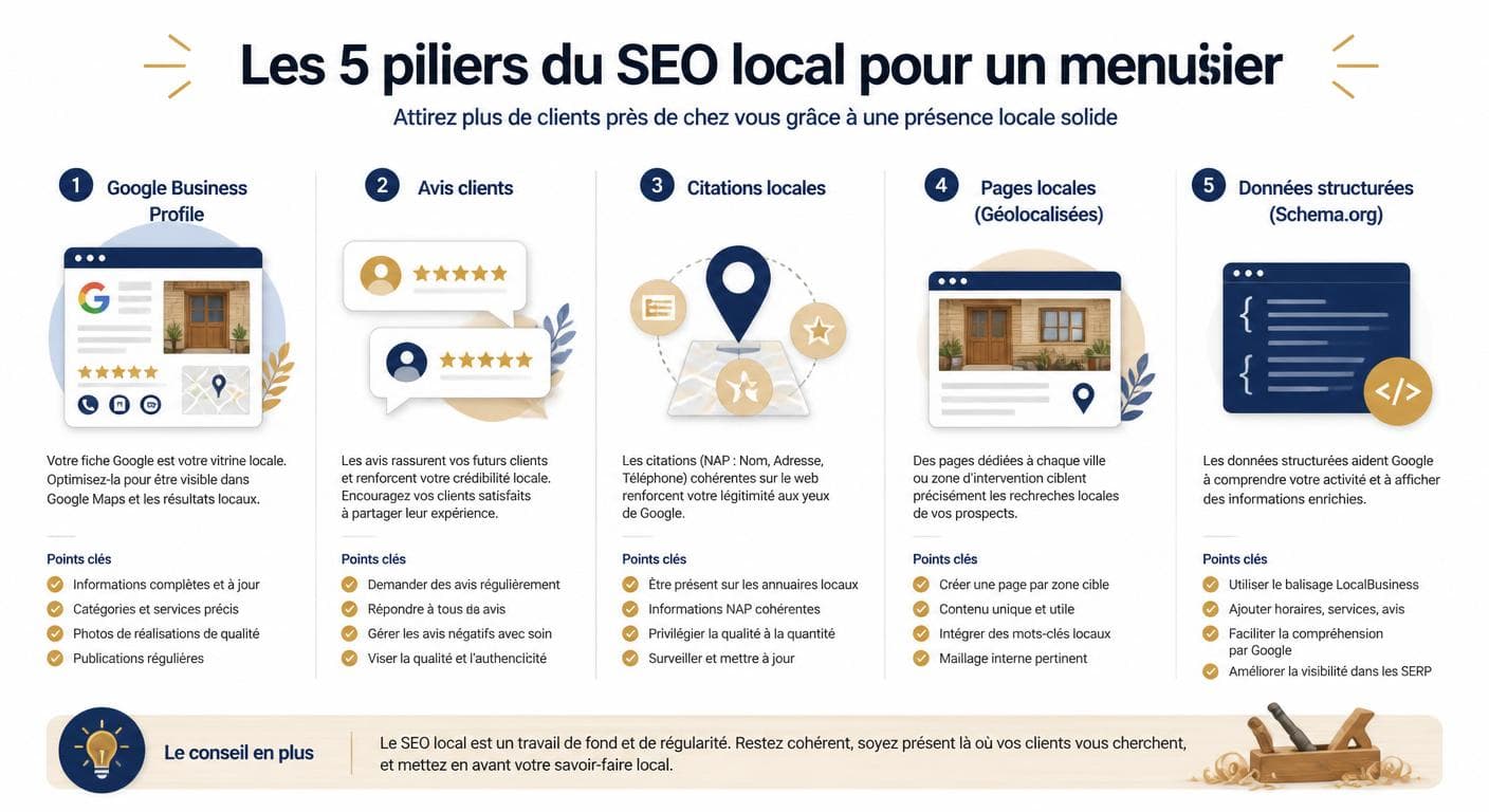 Infographie des 5 piliers du référencement local pour un menuisier