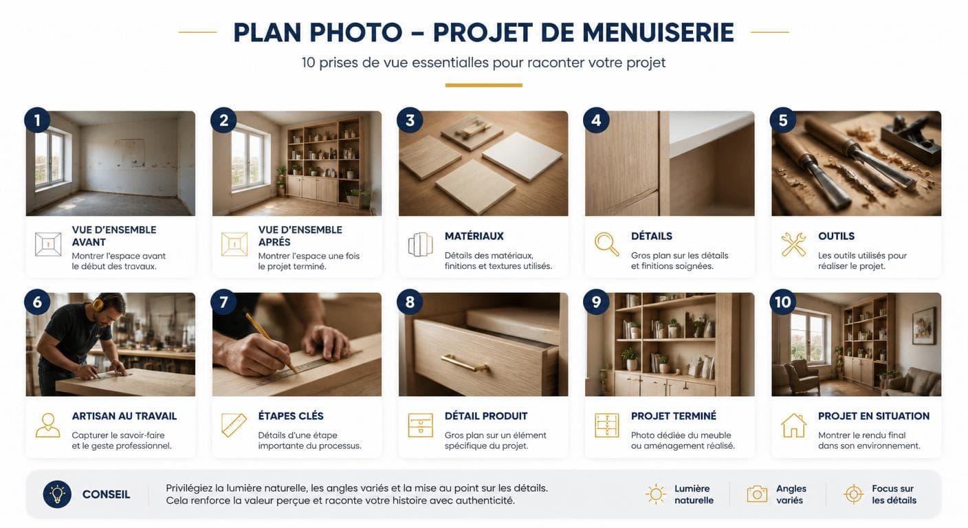 Infographie du plan de prise de vue photo pour un chantier de menuiserie