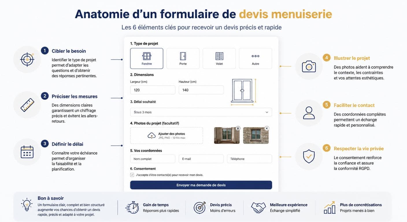 Infographie de l'anatomie d'un formulaire de devis menuiserie performant