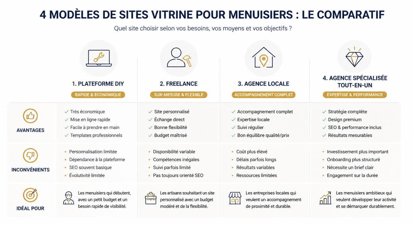 Infographie des 4 modèles de création de site internet pour un menuisier