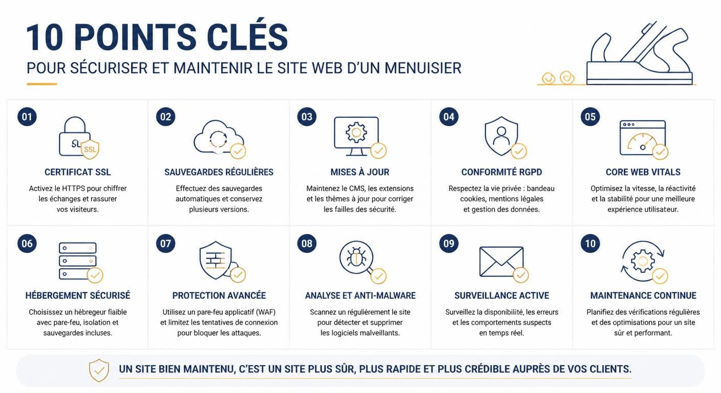 Infographie des 10 points de sécurité et maintenance d'un site menuisier