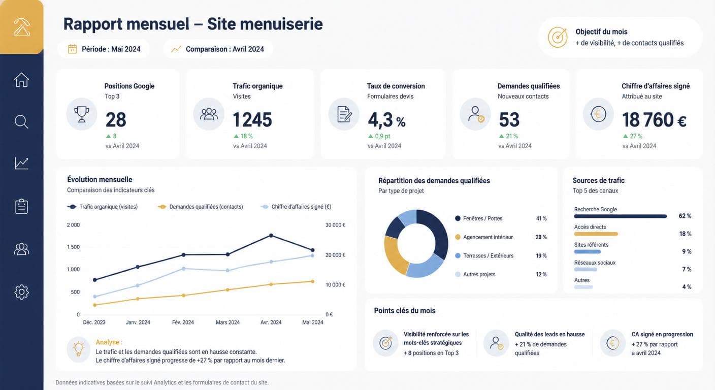 Infographie du tableau de bord mensuel de performance d'un site menuisier