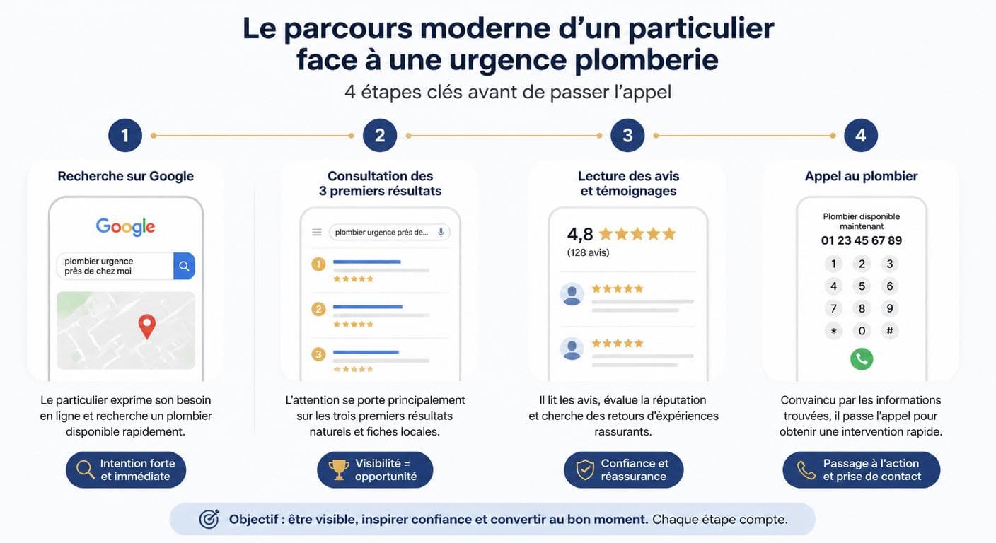 Infographie du parcours client moderne d'un particulier cherchant un plombier sur Google