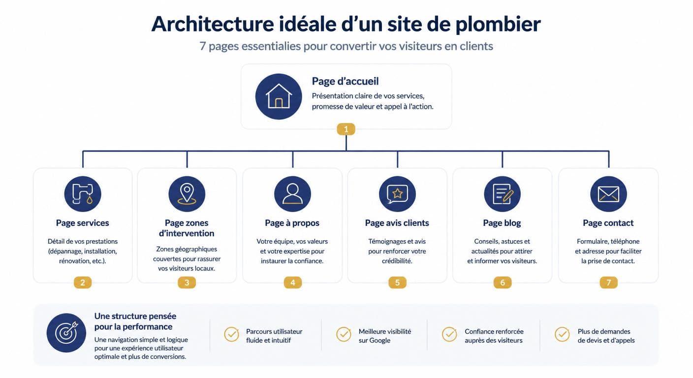 Infographie de l'arborescence type d'un site internet de plombier
