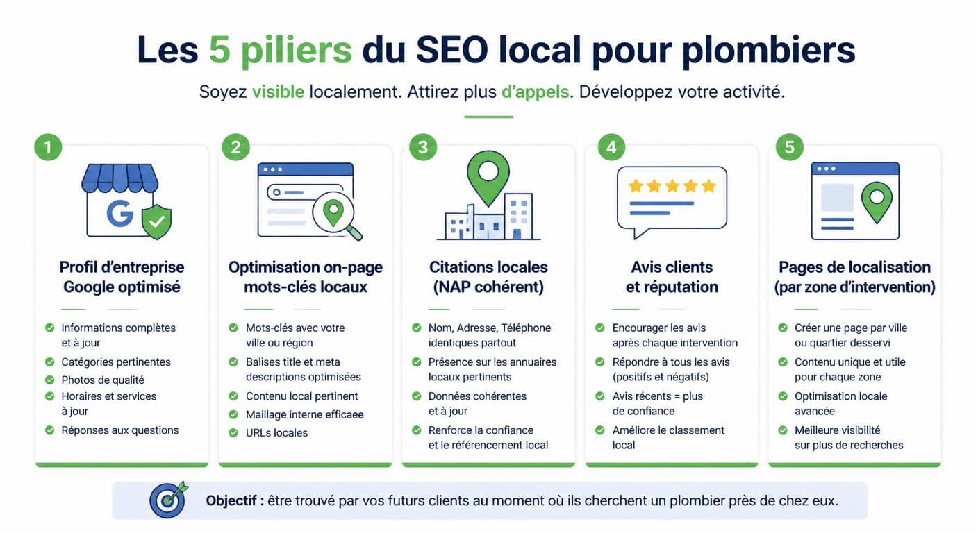 Infographie des 5 piliers du référencement local pour un plombier