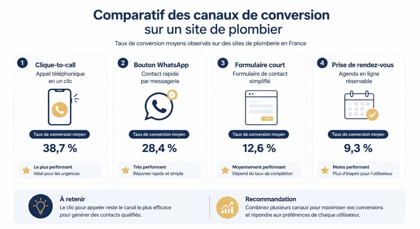 Infographie comparant les canaux de conversion d'un site internet de plombier