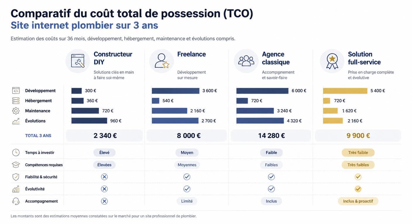Infographie comparant le coût total d'un site internet de plombier sur 3 ans selon la méthode choisie