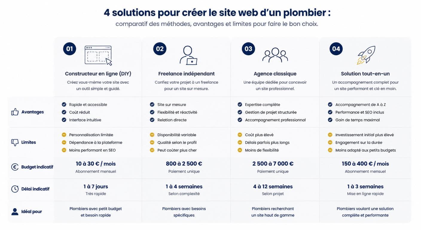 Infographie comparant les 4 méthodes de création d'un site internet de plombier