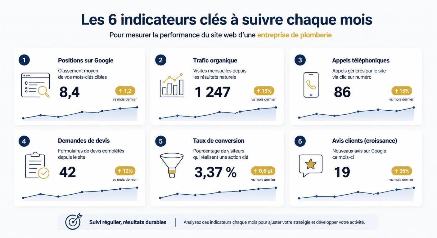 Infographie des 6 indicateurs clés à suivre chaque mois pour un site internet de plombier