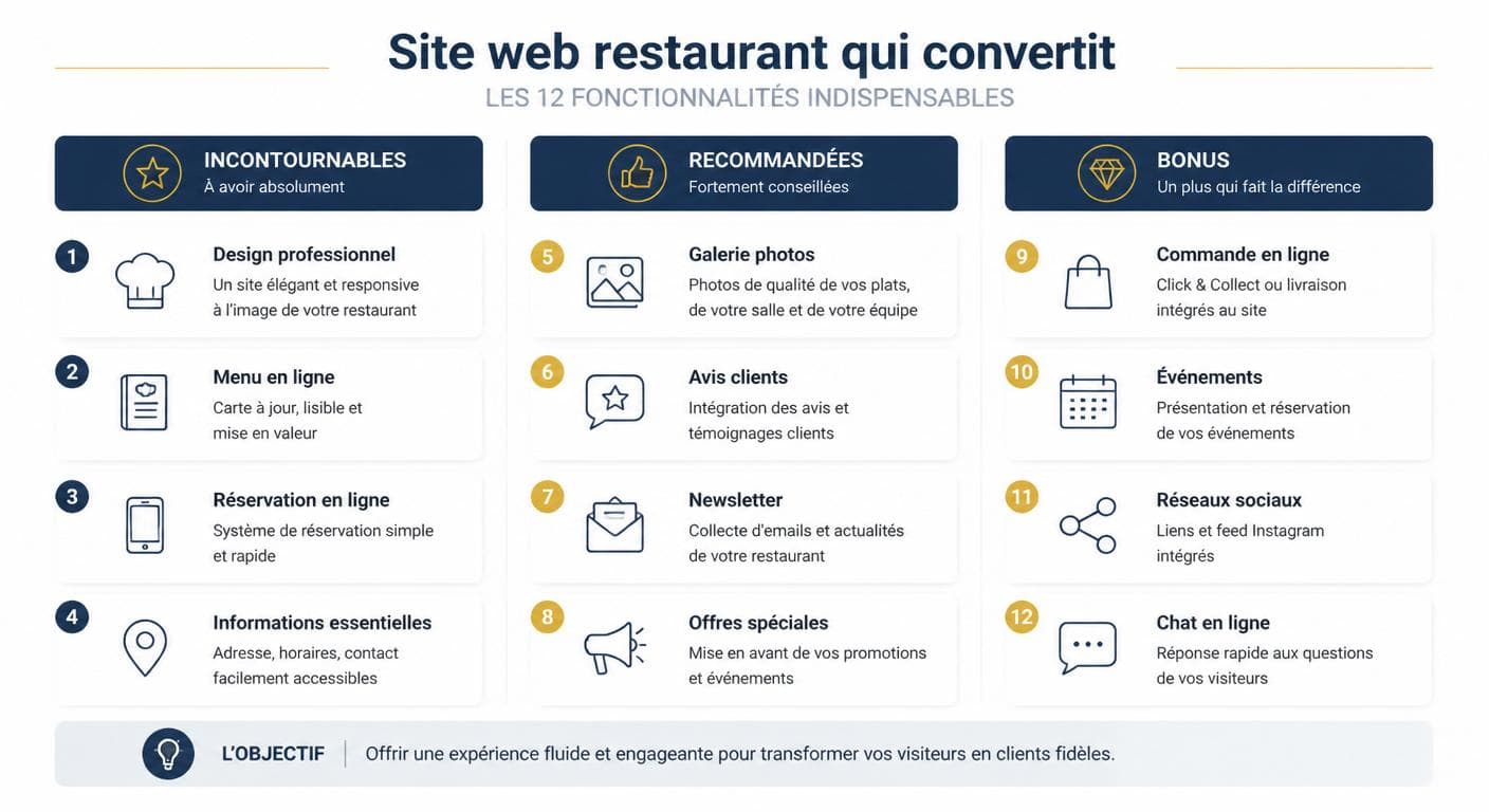 Infographie des 12 fonctionnalités indispensables d'un site de restaurant