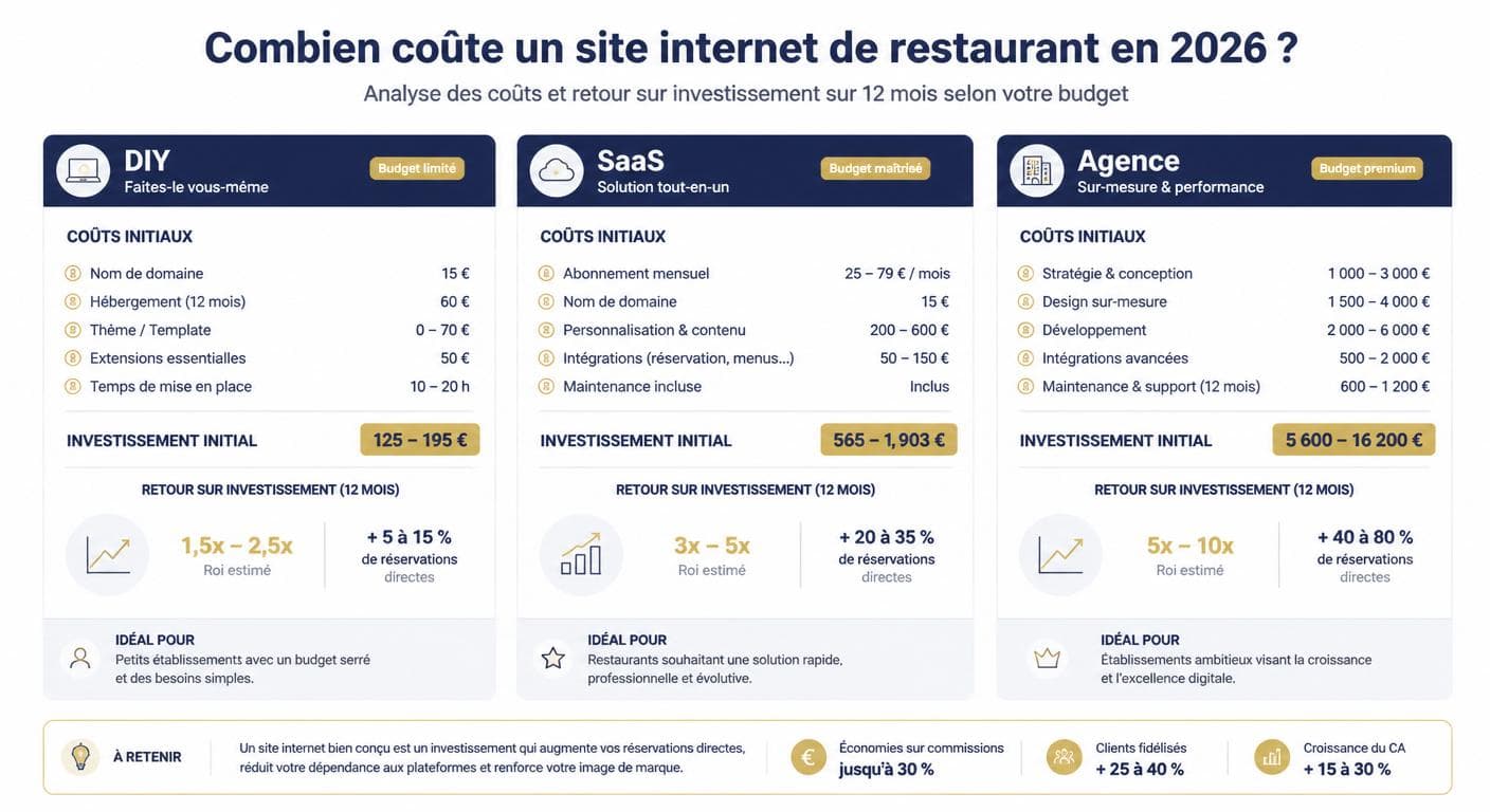 Infographie de décomposition des coûts d'un site internet de restaurant en 2026