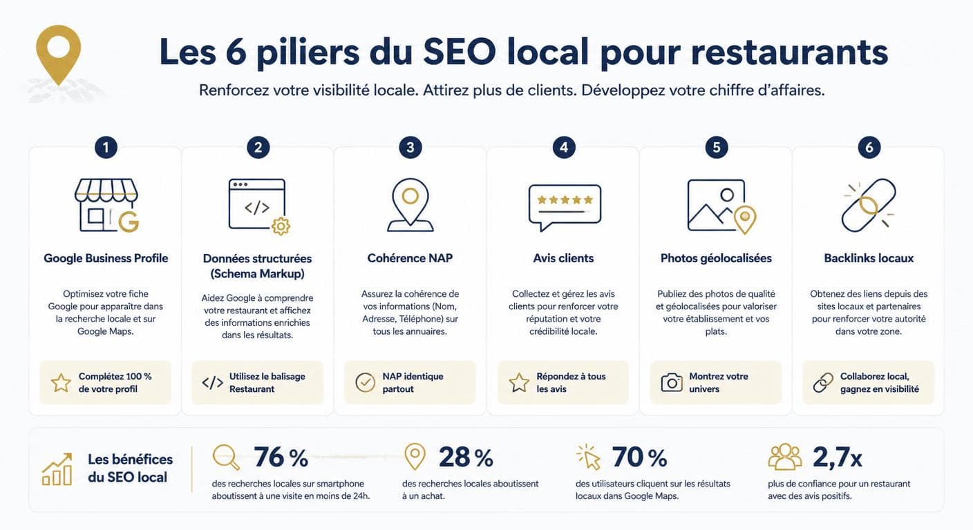 Infographie des piliers du référencement local pour restaurants