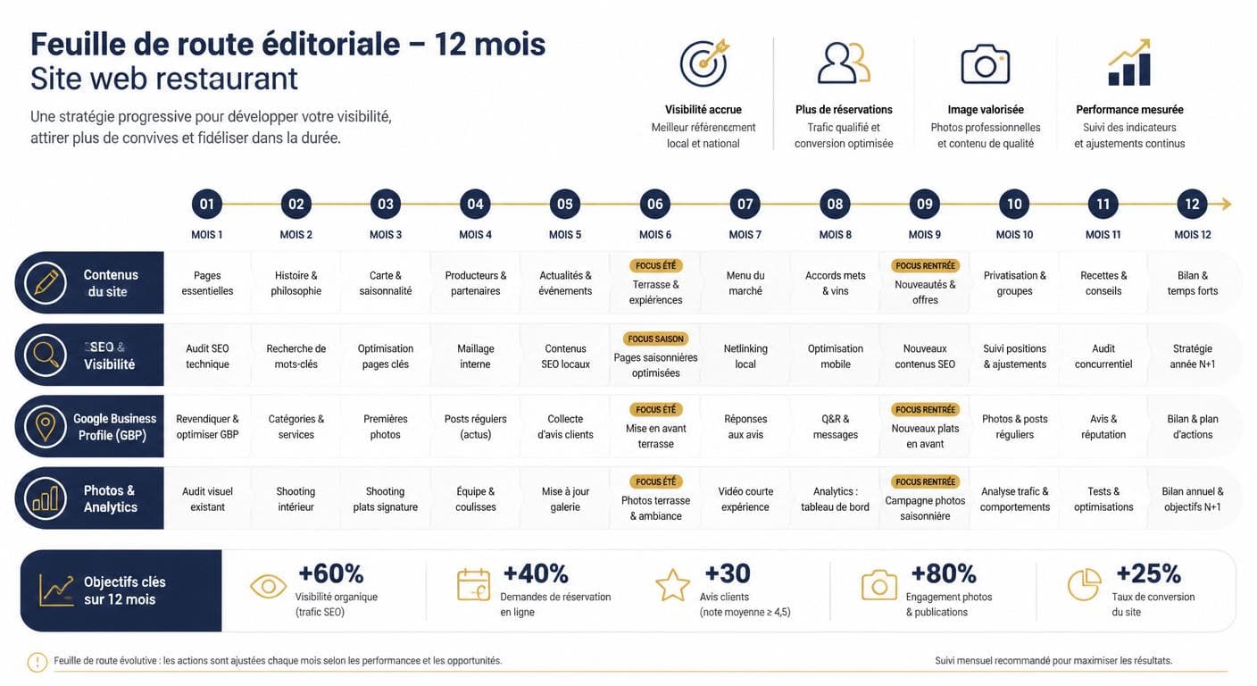 Infographie de la feuille de route 12 mois pour faire évoluer un site de restaurant