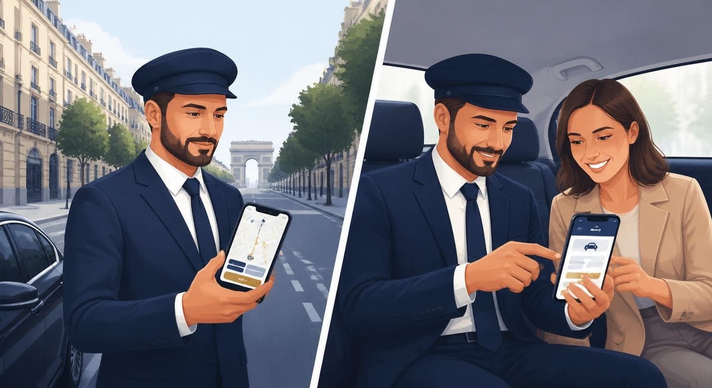 Illustration éditoriale comparant un taxi sans site internet à un taxi avec présence en ligne moderne