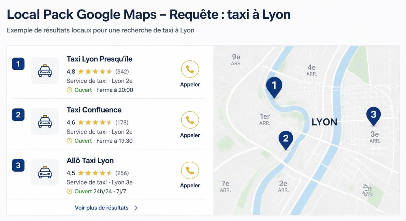 Infographie éditoriale du Local Pack Google pour une recherche taxi locale