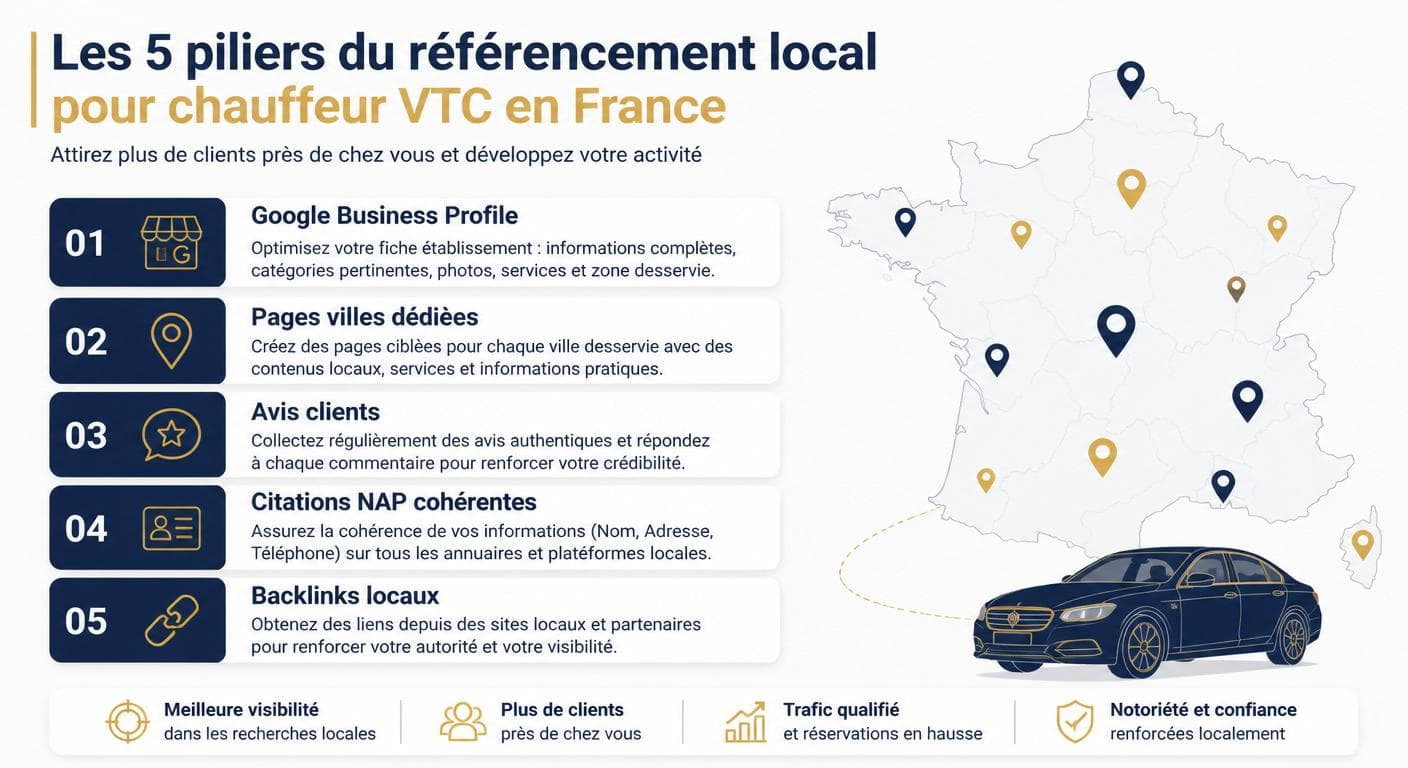 Les 5 piliers du référencement local pour chauffeur VTC