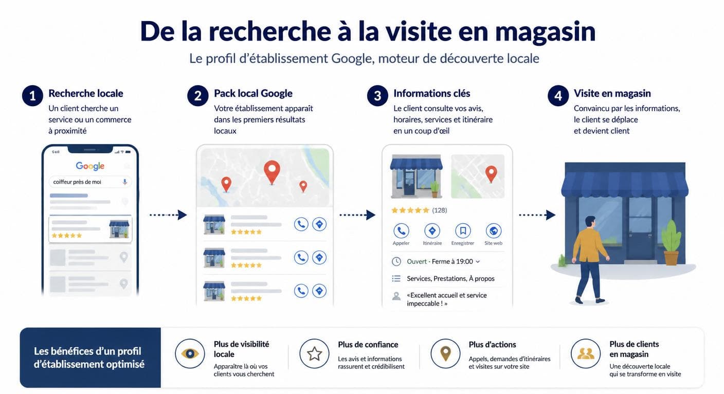 Schéma du parcours d'un client local depuis sa recherche Google jusqu'à la visite en magasin