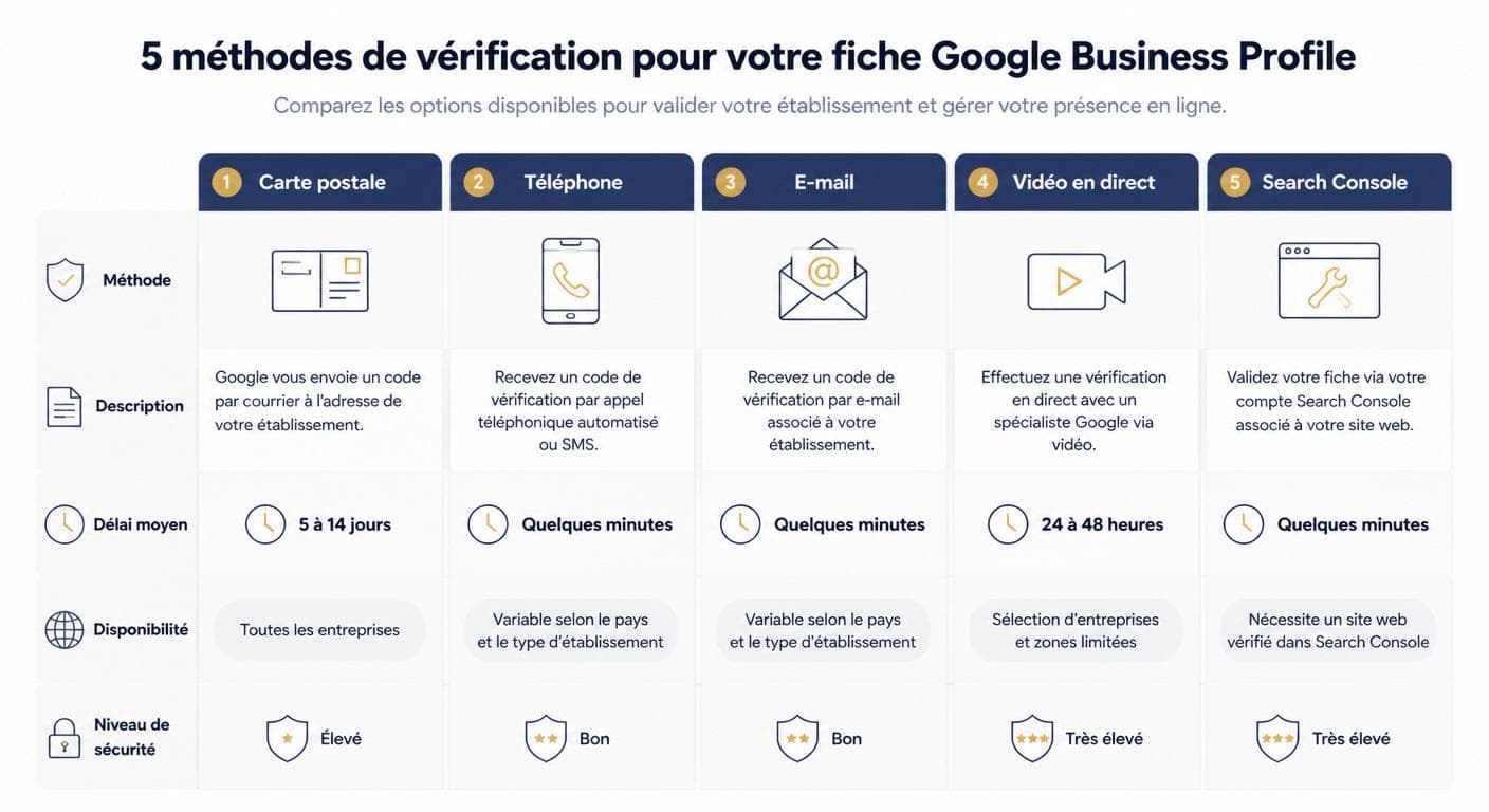 Infographie comparant les 5 méthodes de validation d'une fiche Google Business Profile