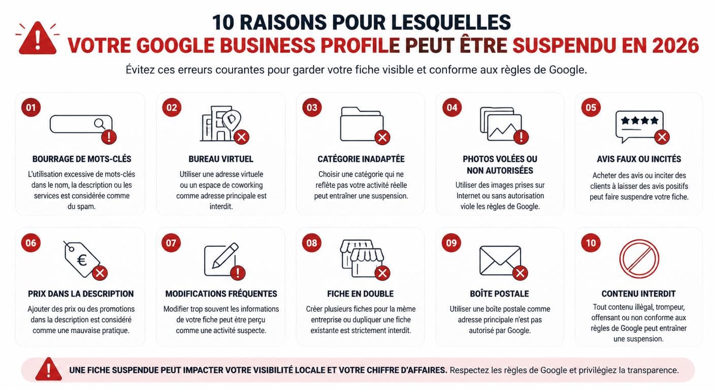Infographie des 10 raisons de suspension d'une page entreprise Google