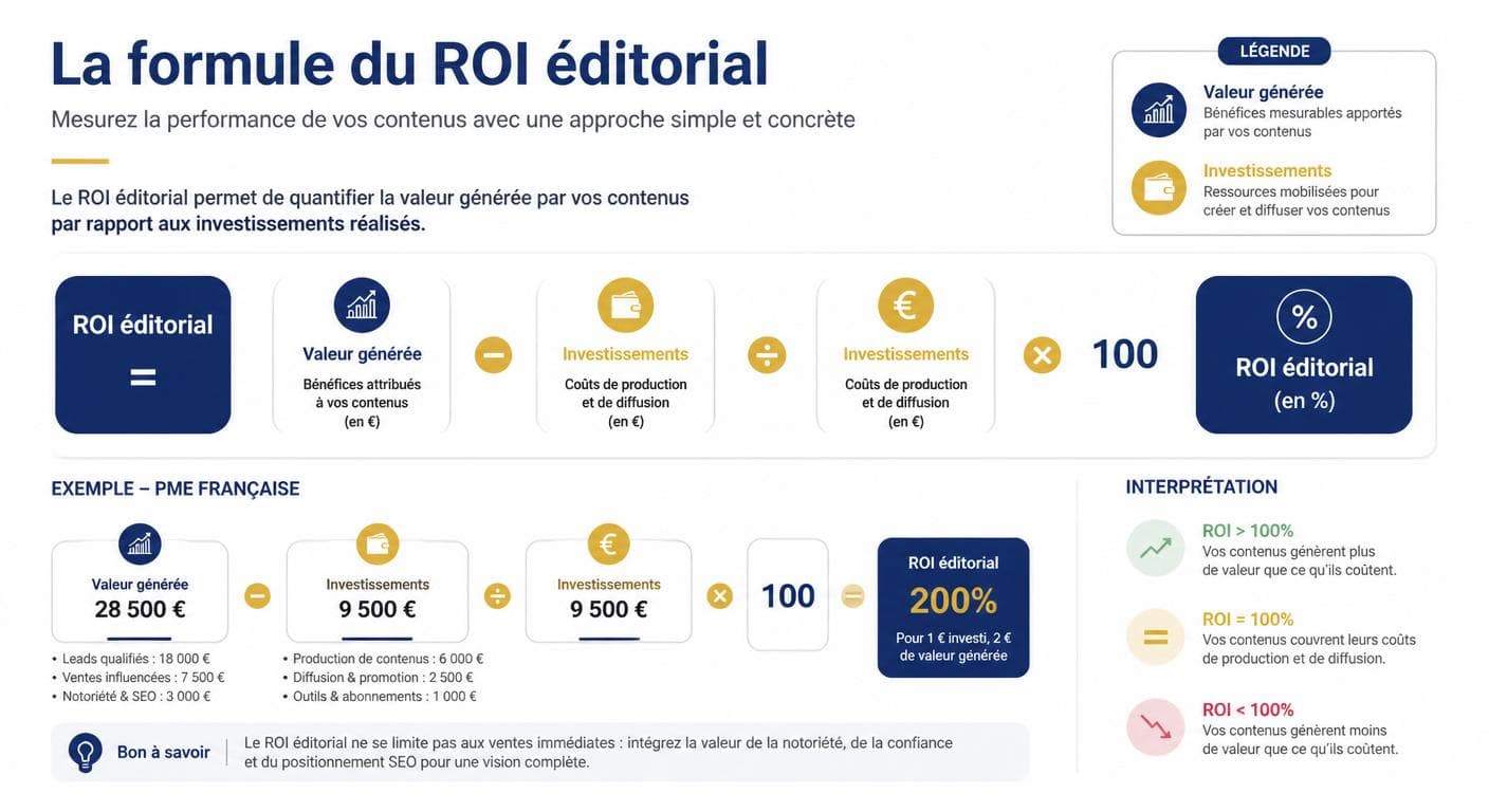 Formule du retour sur investissement éditorial illustrée pour PME