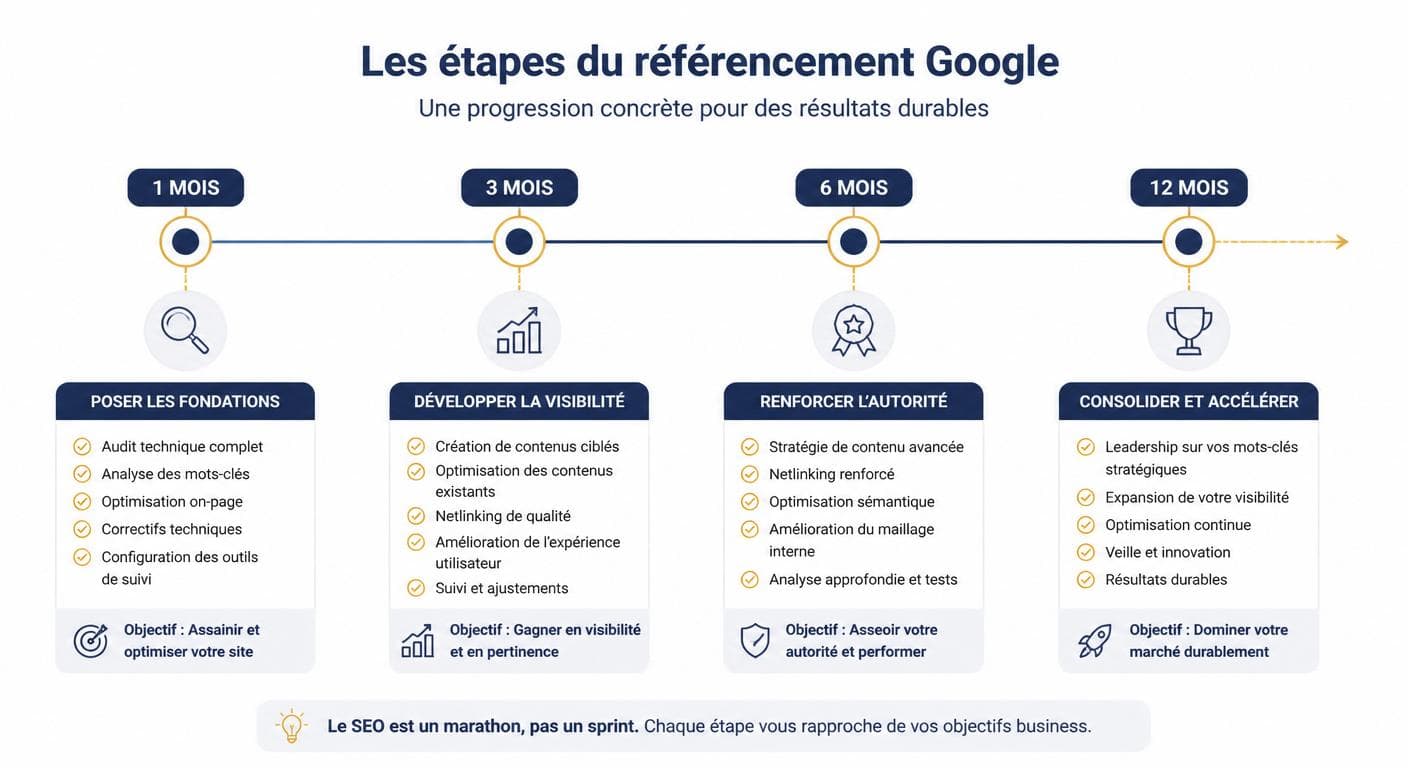 Frise chronologique des étapes du référencement Google à 1, 3, 6 et 12 mois