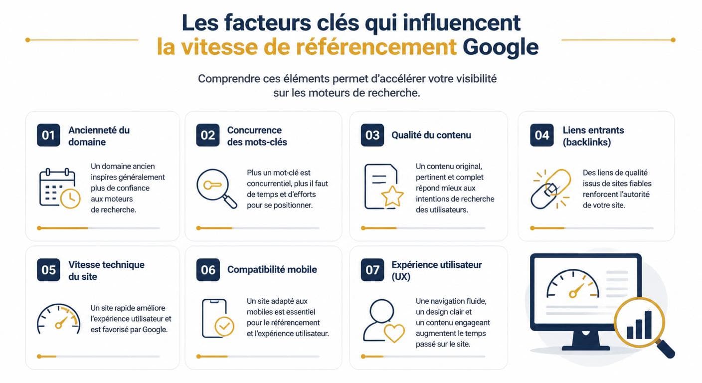 Infographie des facteurs qui influencent le délai de référencement naturel
