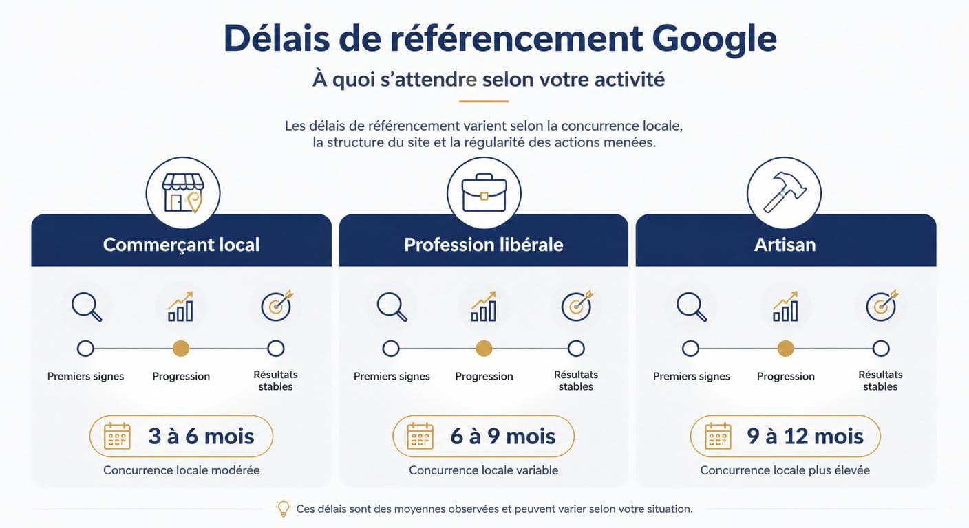 Infographie comparant le délai de référencement Google d'un commerçant, d'une profession libérale et d'un artisan