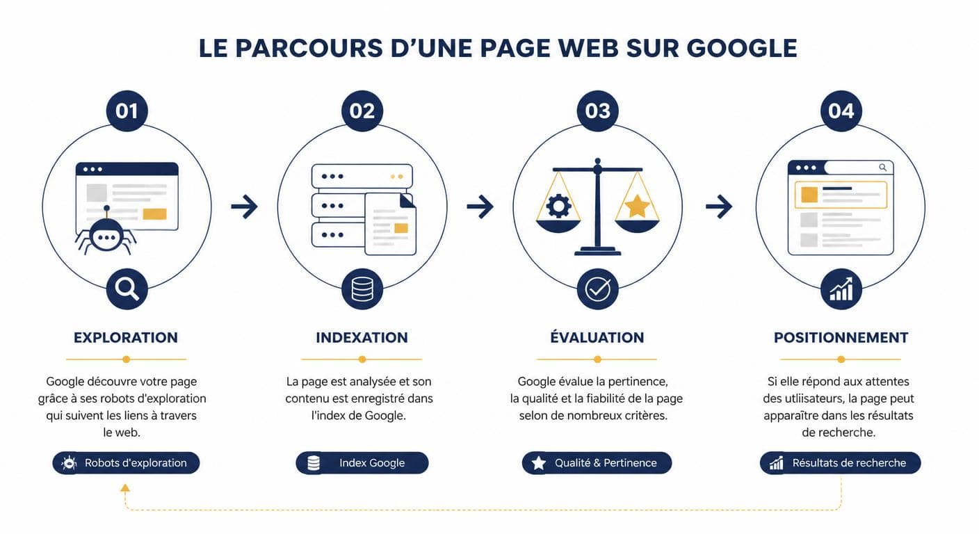 Infographie des quatre étapes d'une page sur Google : exploration, indexation, évaluation, positionnement