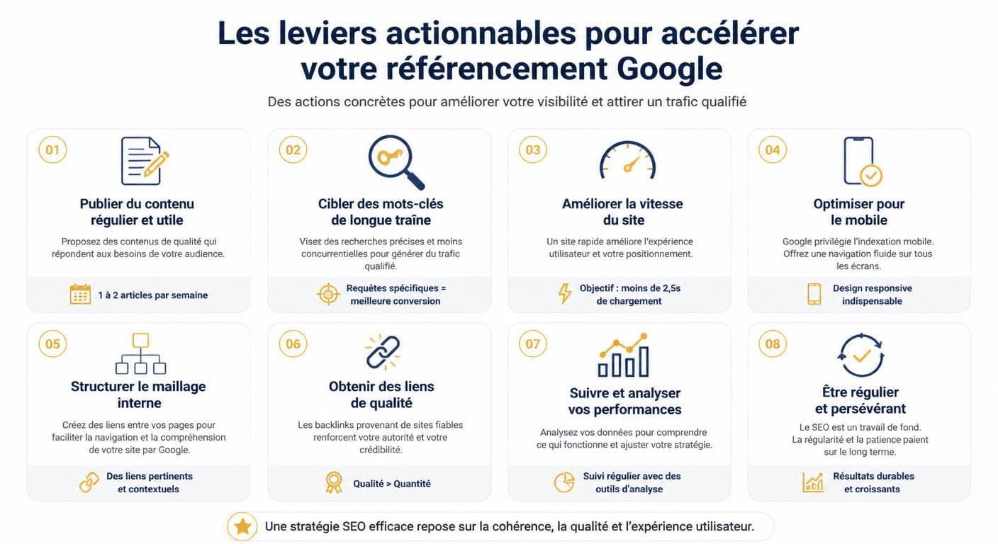 Infographie des leviers pour accélérer le référencement de son site sur Google
